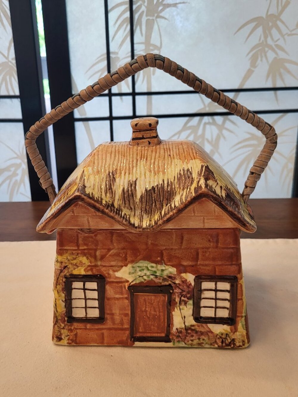 40s Price Bros Cottage Ware Biscuit Jar England Thatched Roof House w Handle